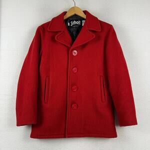 Vintage Schott NYC Men's 36 Red Single Breasted Wool Pea Coat Nautical Buttons